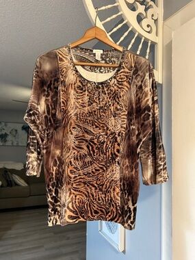 Chico's Women’s Beaded Brown Tan Animal Print Top Chico’s Size 1 = US Size M
